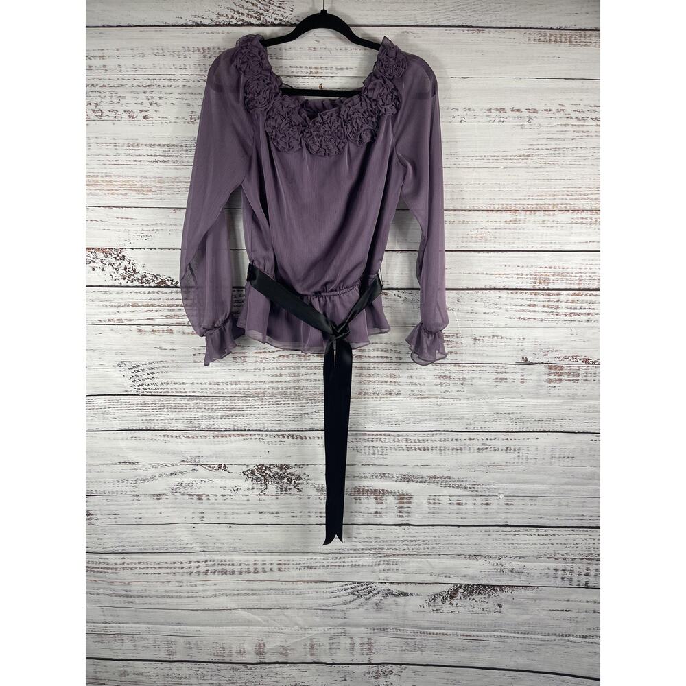 Victor Costa Shirt Women's Medium Purple Ruffle Rosette Peplum Sheer Top Belted - Picture 1 of 8
